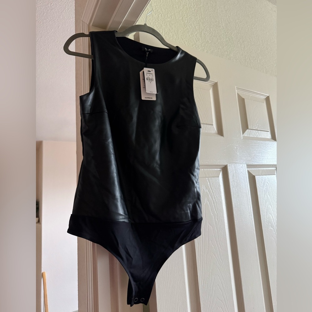 Faux leather body suit thong
